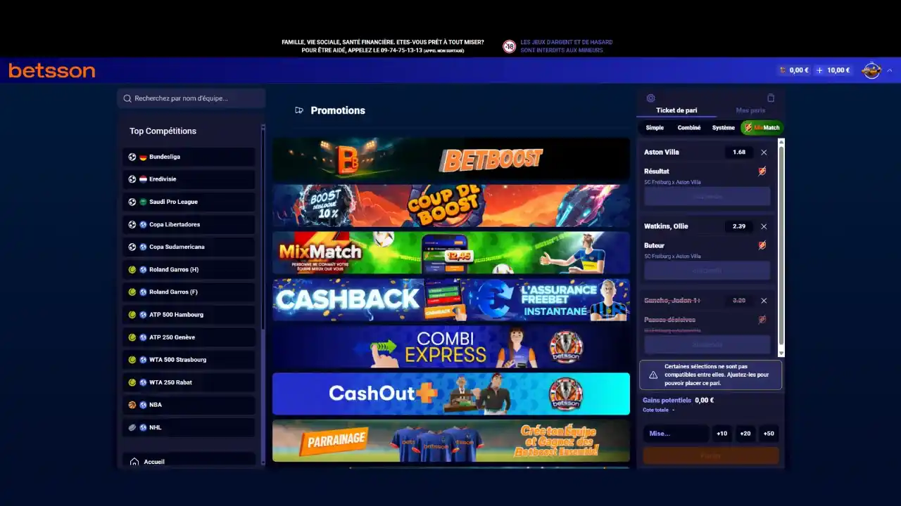 Aperçu de la page Promotions du bookmaker Betsson