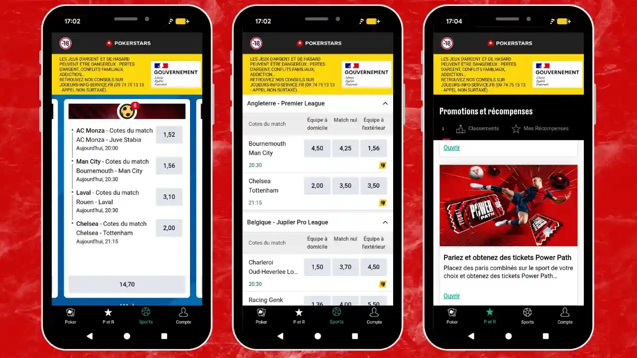 Aperçu de l'interface de l'application mobile PokerStars sur Android
