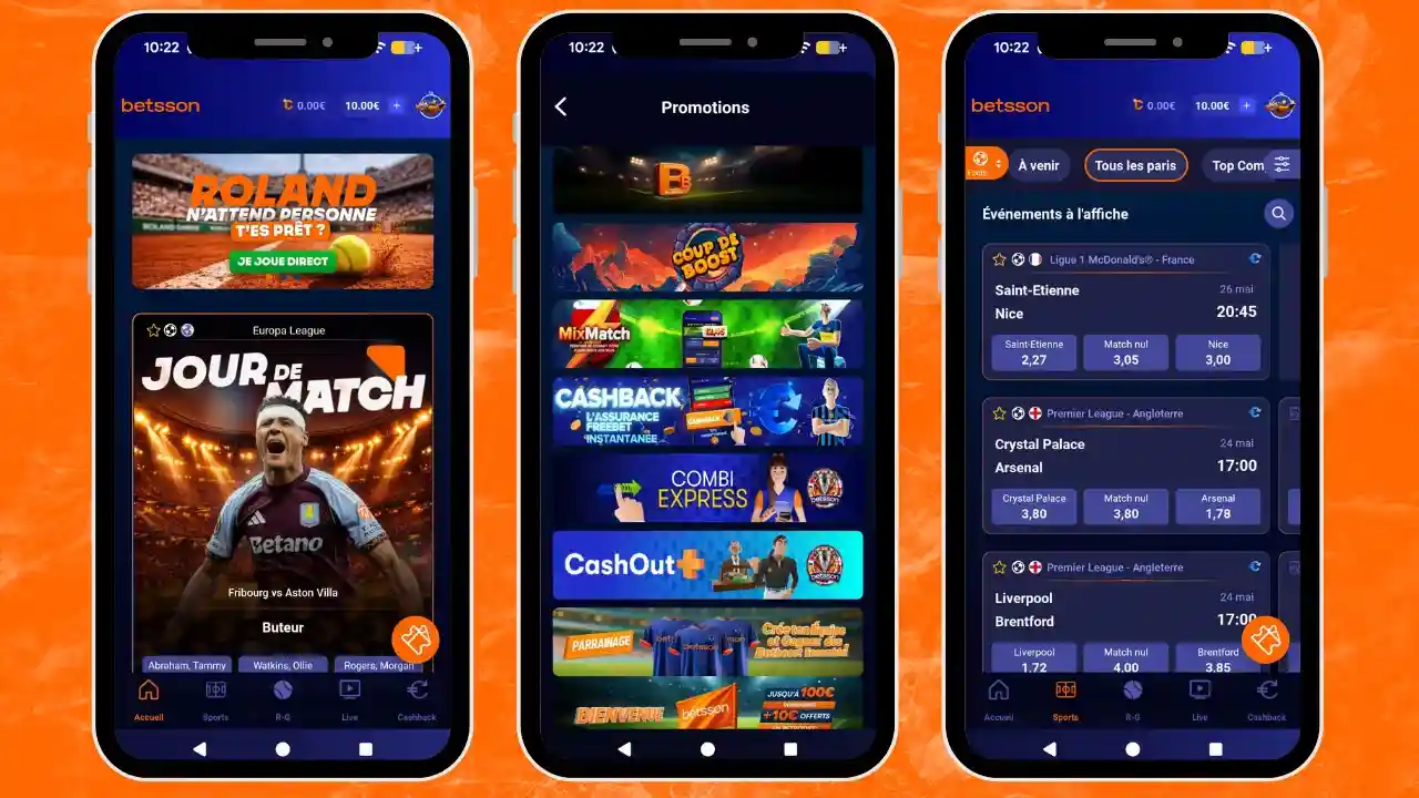 Aperçu de l'interface et des menus sur l'application mobile Betsson