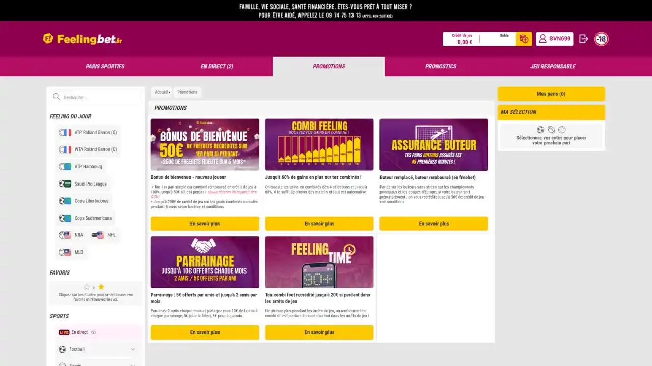 Aperçu de toutes les promotions disponibles du bookmaker Feelingbet