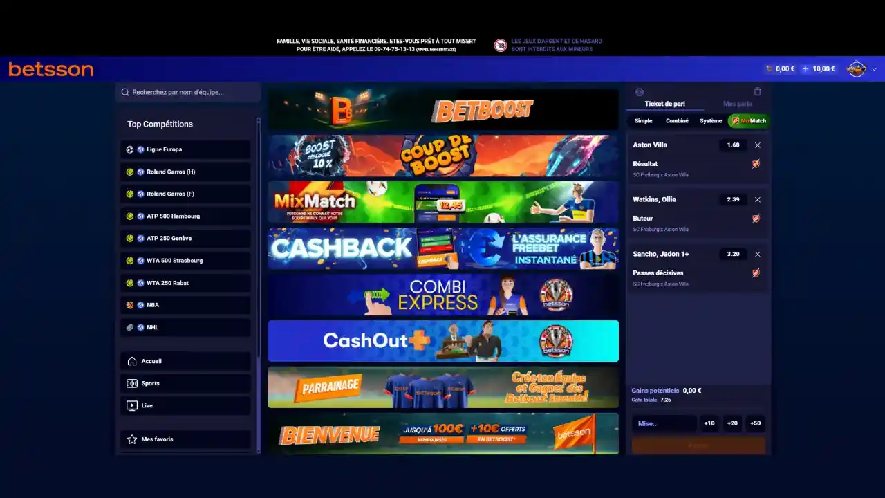 Aperçu des promotions et offres disponibles sur Betsson