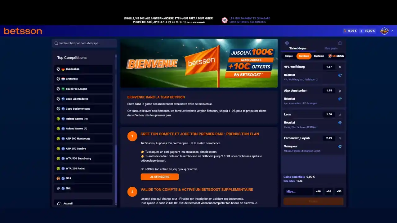 Aperçu du bonus de bienvenue jusqu'à 100 € du bookmaker Betsson