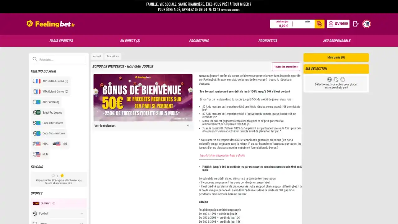 Aperçu du bonus de bienvenue pour les nouveaux joueurs du bookmaker Feelingbet