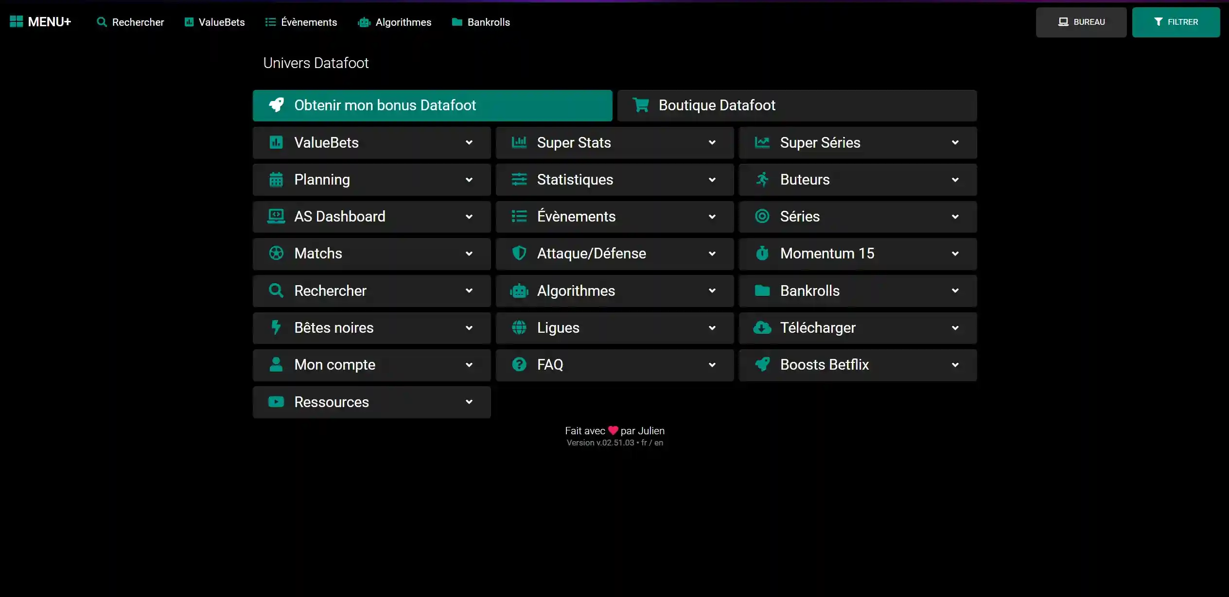 Interface de l'outil d'analyse Datafoot