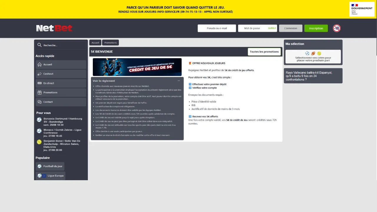 Nouveau bonus de bienvenue de 5€ de NetBet