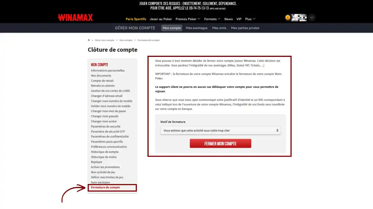 Page officielle pour choisir le motif et supprimer définitivement son compte Winamax