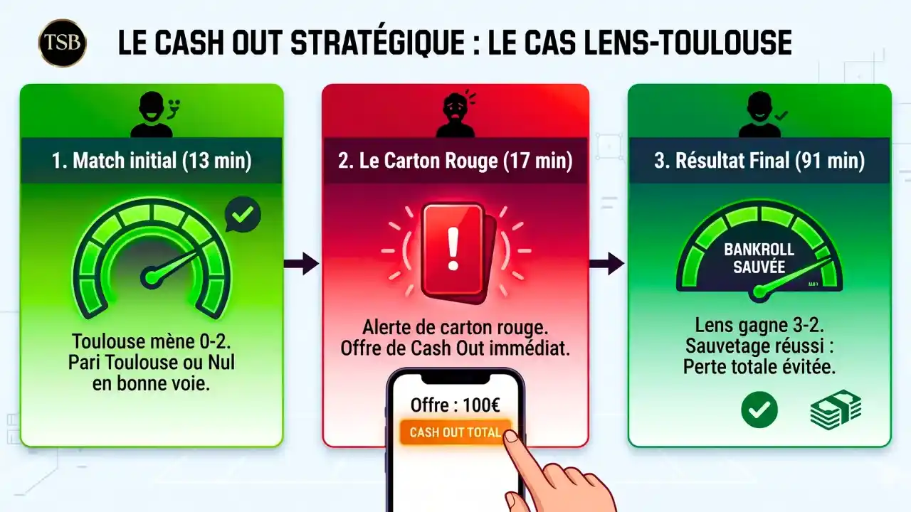 Schéma d'utilisation stratégique du Cash Out sur le match Lens-Toulouse suite à un carton rouge