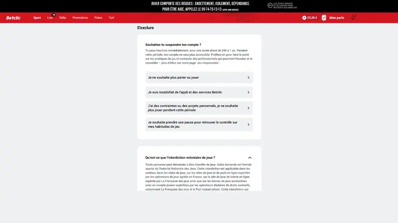 Interface d'auto-exclusion temporaire et limites de jeu sur l'application de paris sportifs Betcli