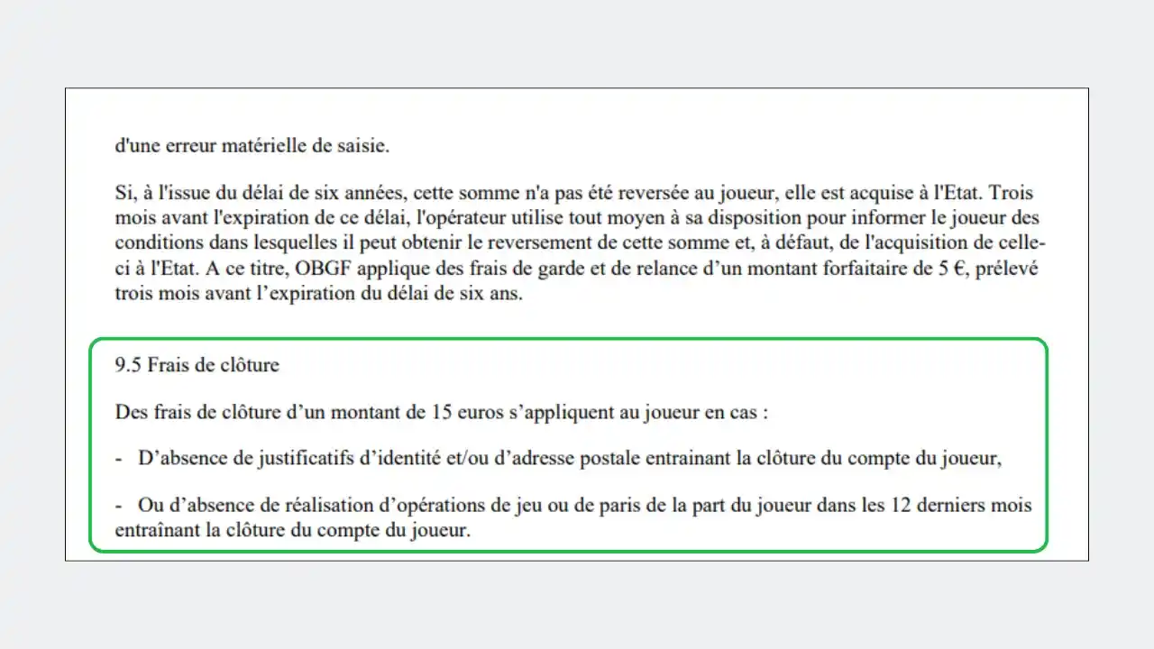 Frais de 15 euros compte Unibet bloqué