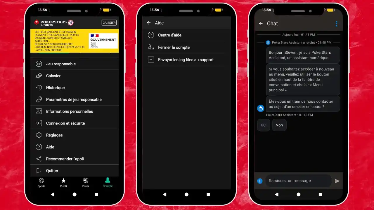 Aperçu des étapes pour contacter le service client Pokerstars sur l'application mobile