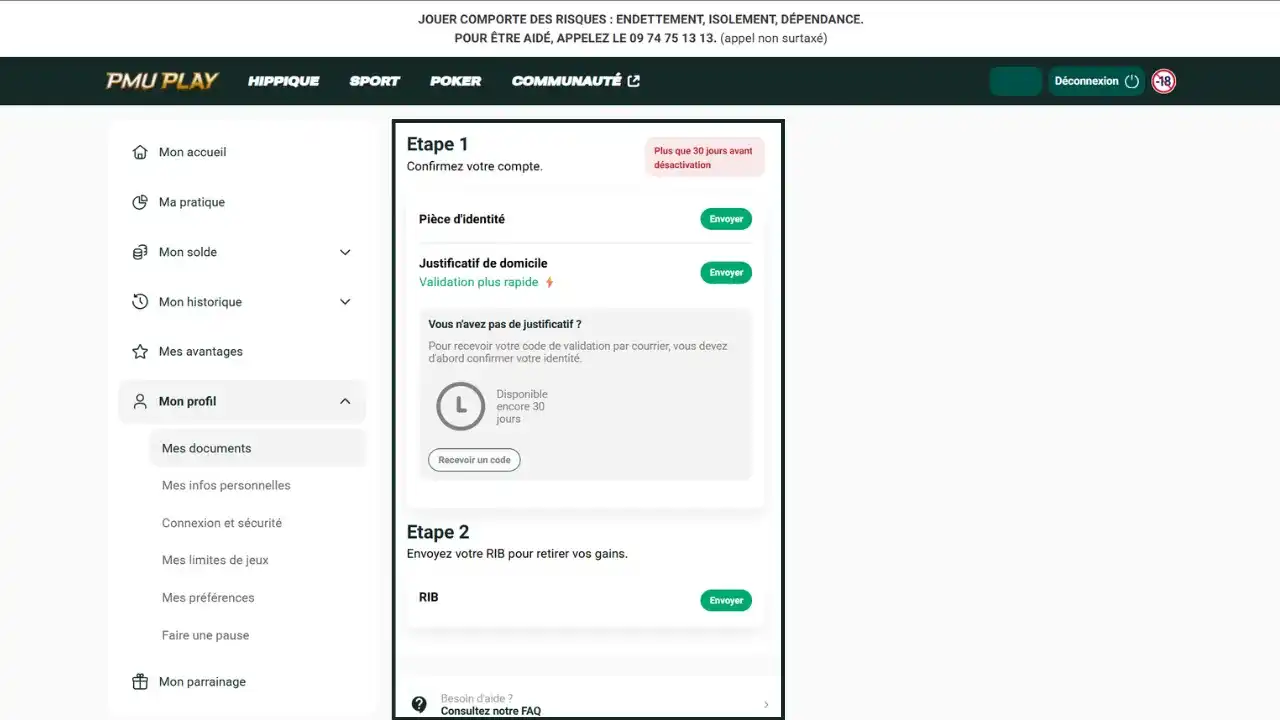 Confirmation de compte PMU Play