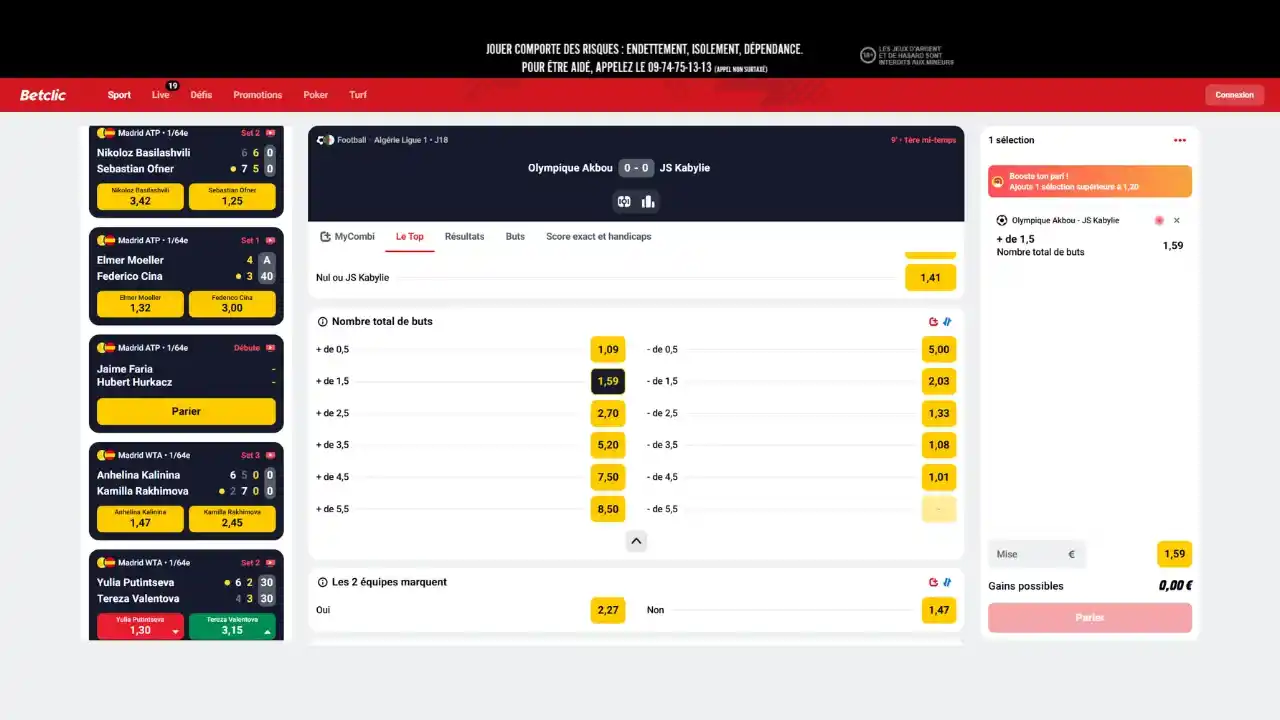 Exemple de total de but en live sur l'application Betclic