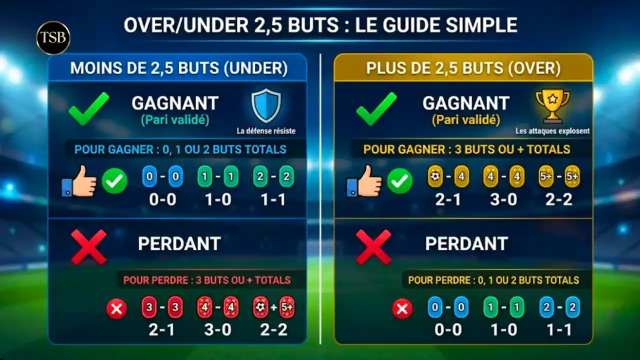 Explication du over under 2,5 buts (plus et moins de 2,5 buts) en image