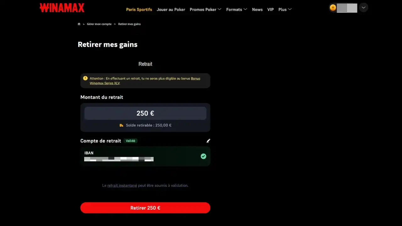 Interface du compte joueur Winamax pour effectuer un retrait d'argent