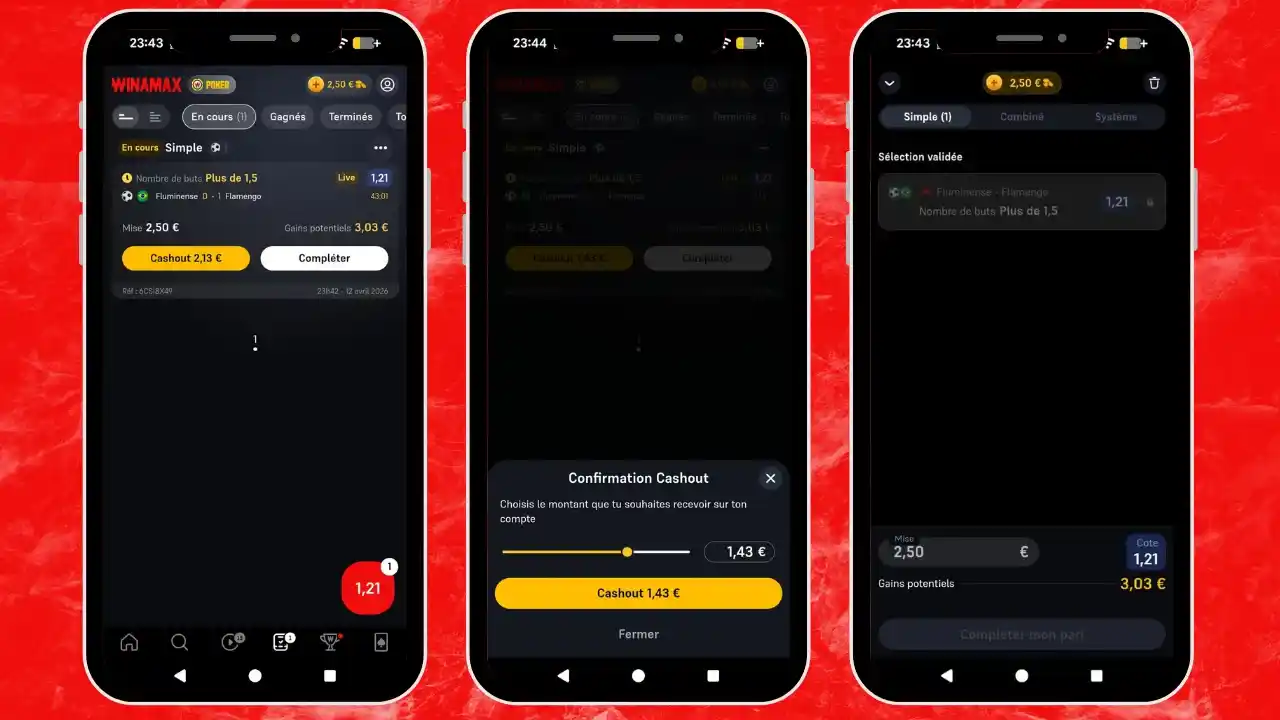 Interface de Winamax montrant le curseur de réglage pour un Cash Out partiel