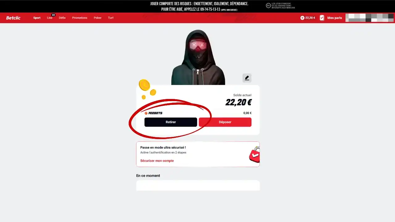 Bouton de retrait dans l'espace client Betclic