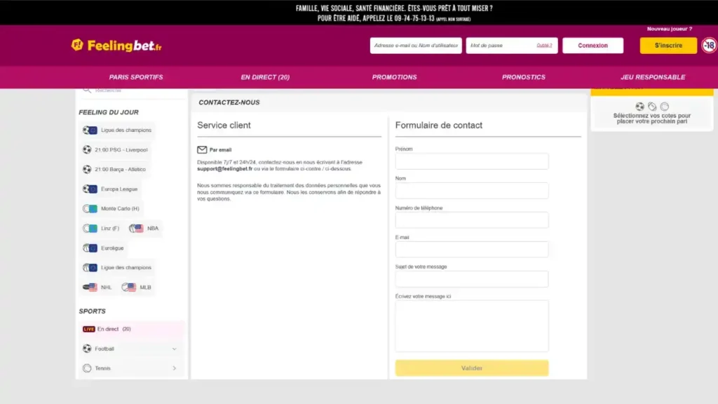 Formulaire de contact en ligne Feelingbet