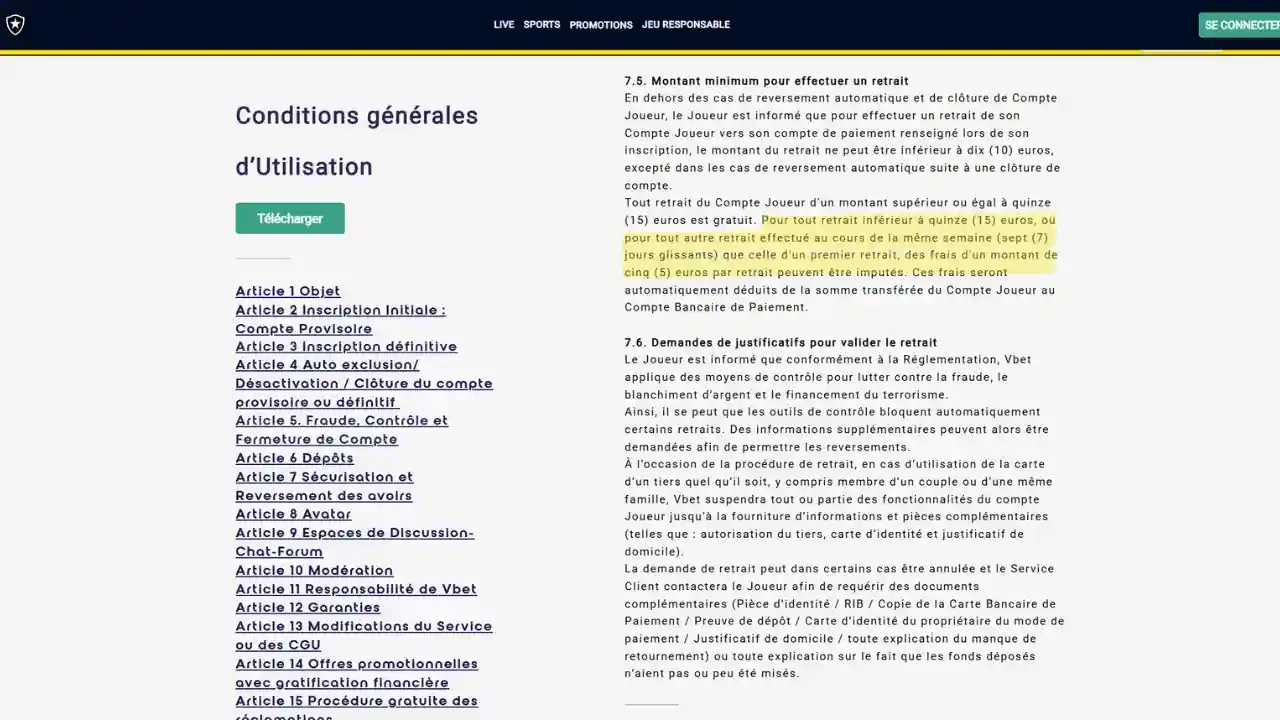 Frais cachés CGU retrait VBet
