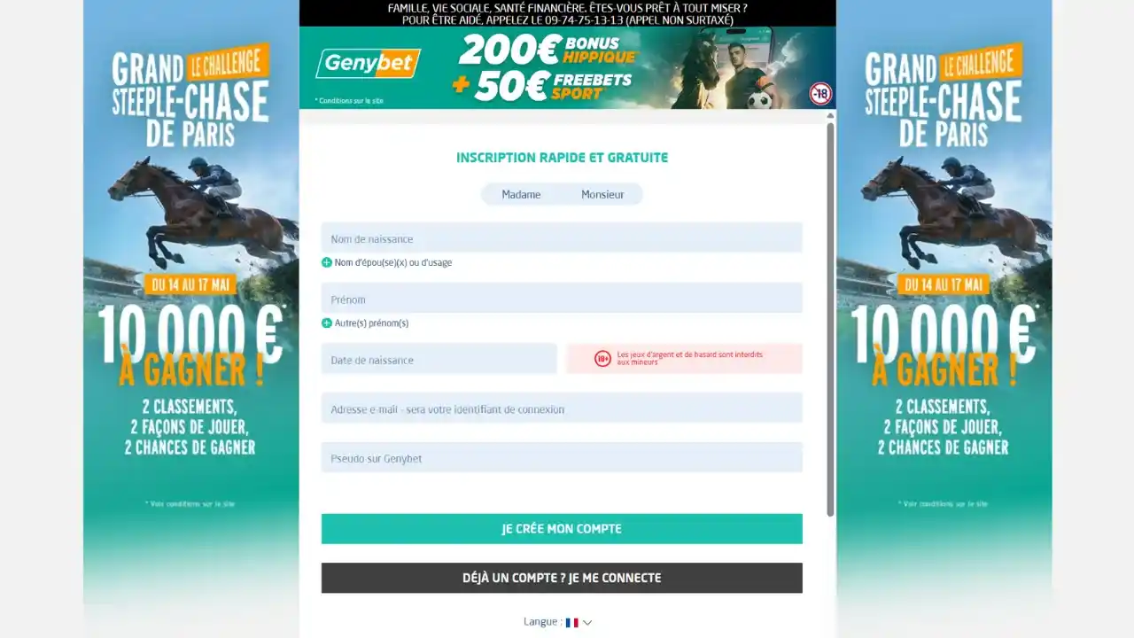 Aperçu du bonus de bienvenue du bookmaker Genybet 200€ bonus hippique et 50€ freebets sport