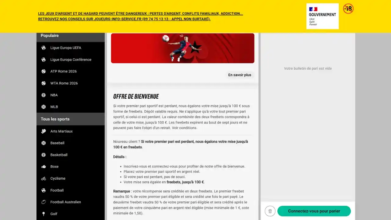 Aperçu du bonus de bienvenue du bookmaker PokerStars Sport