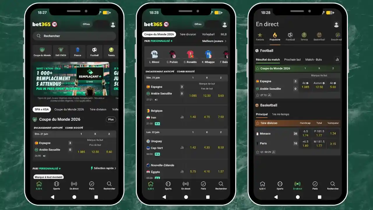 Aperçu de l'application mobile Bet365 sur Android