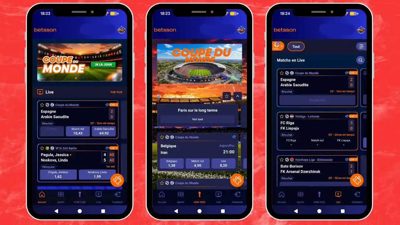 Aperçu de l'application mobile Betsson sur Android