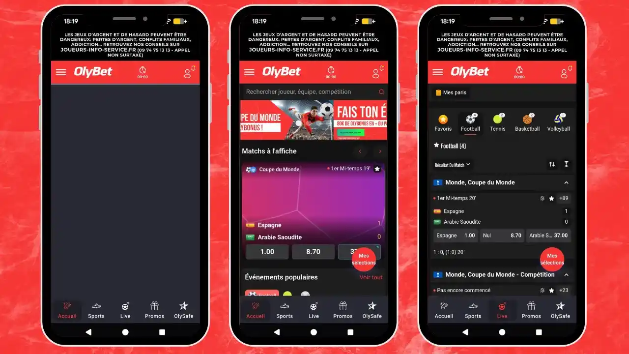 Aperçu de l'application mobile OlyBet sur Android