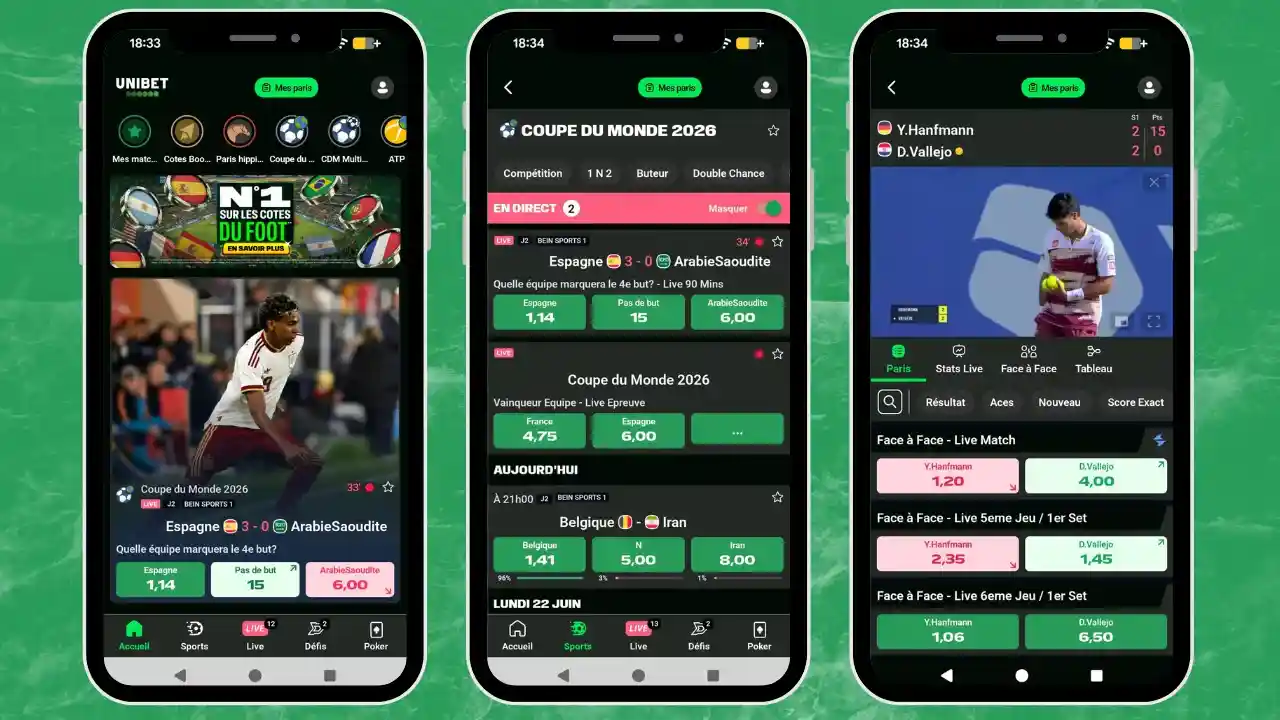 Aperçu de l'application mobile Unibet sur Android