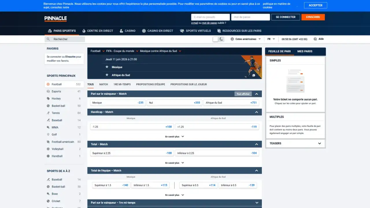 Aperçu des cotes américaines sur le bookmaker Pinnacle