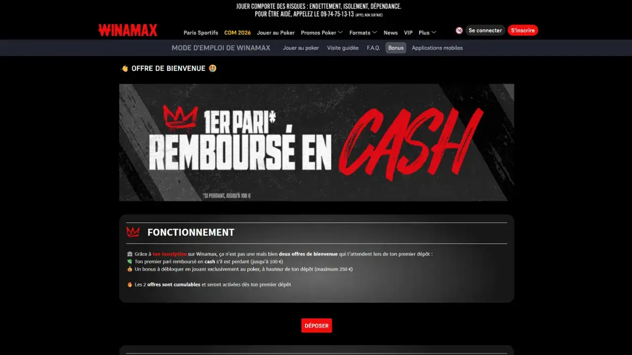 Aperçu du bonus de bienvenue en CASH du bookmaker Winamax