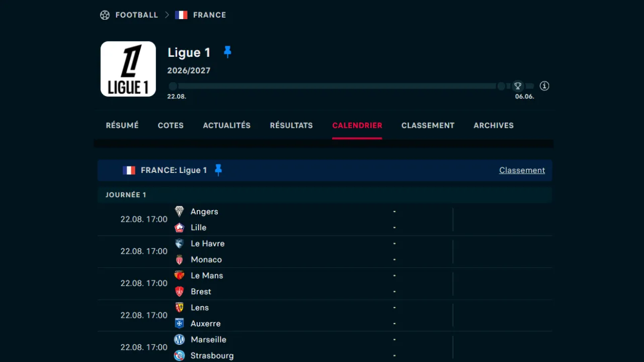 Aperçu du calendrier de Ligue 1 française pour la saison 2026/2027