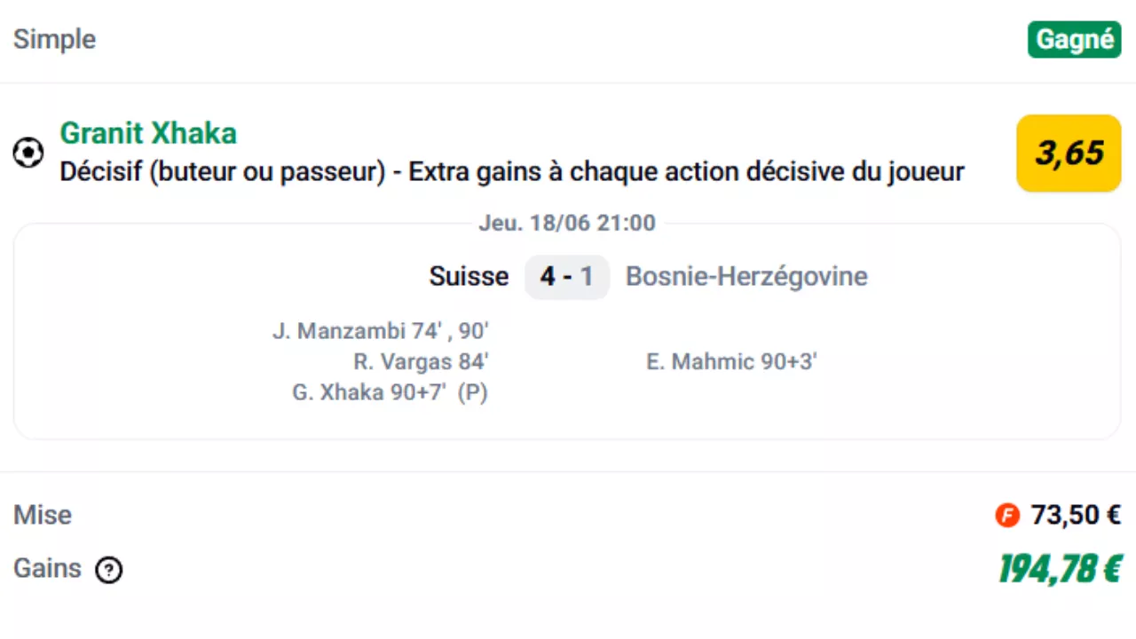 Exemple de pari buteur sur la Coupe du Monde 2026 : Granit Xhaka - Décisif (buteur ou passeur) sur Betclic