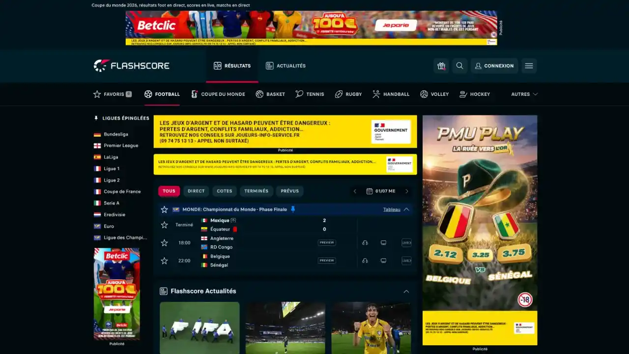 Aperçu des matchs du jour et des championnats favoris sur Flaschore