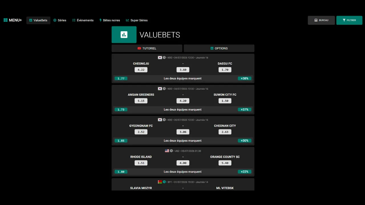 Extrait de l'outil Datafoot détectant des Value Bets mathématiques sur le marché "Les deux équipes marquent".