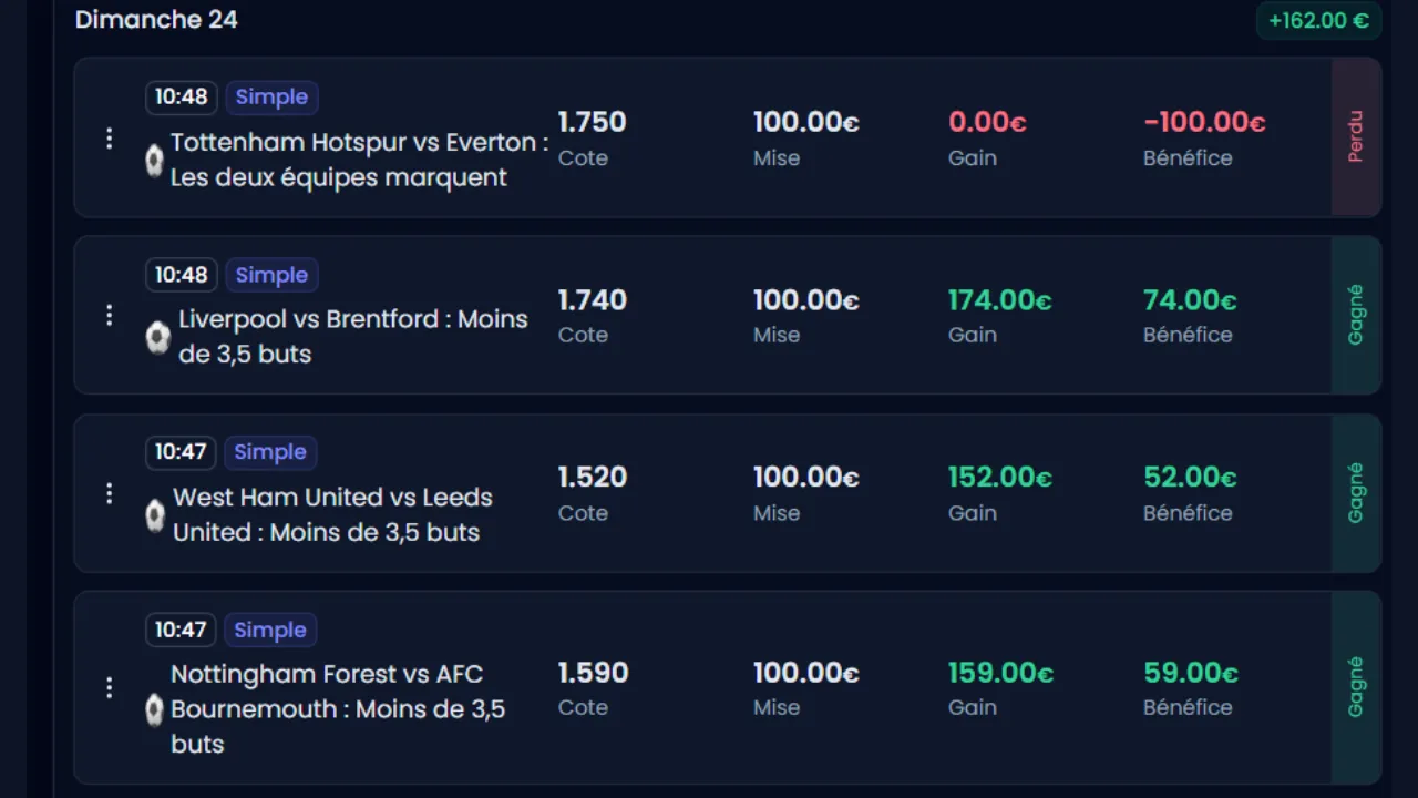 Capture du suivi de paris BetAnalytix du 24 mai 2026, pari Liverpool-Brentford moins de 3,5 buts gagné à la cote de 1,74