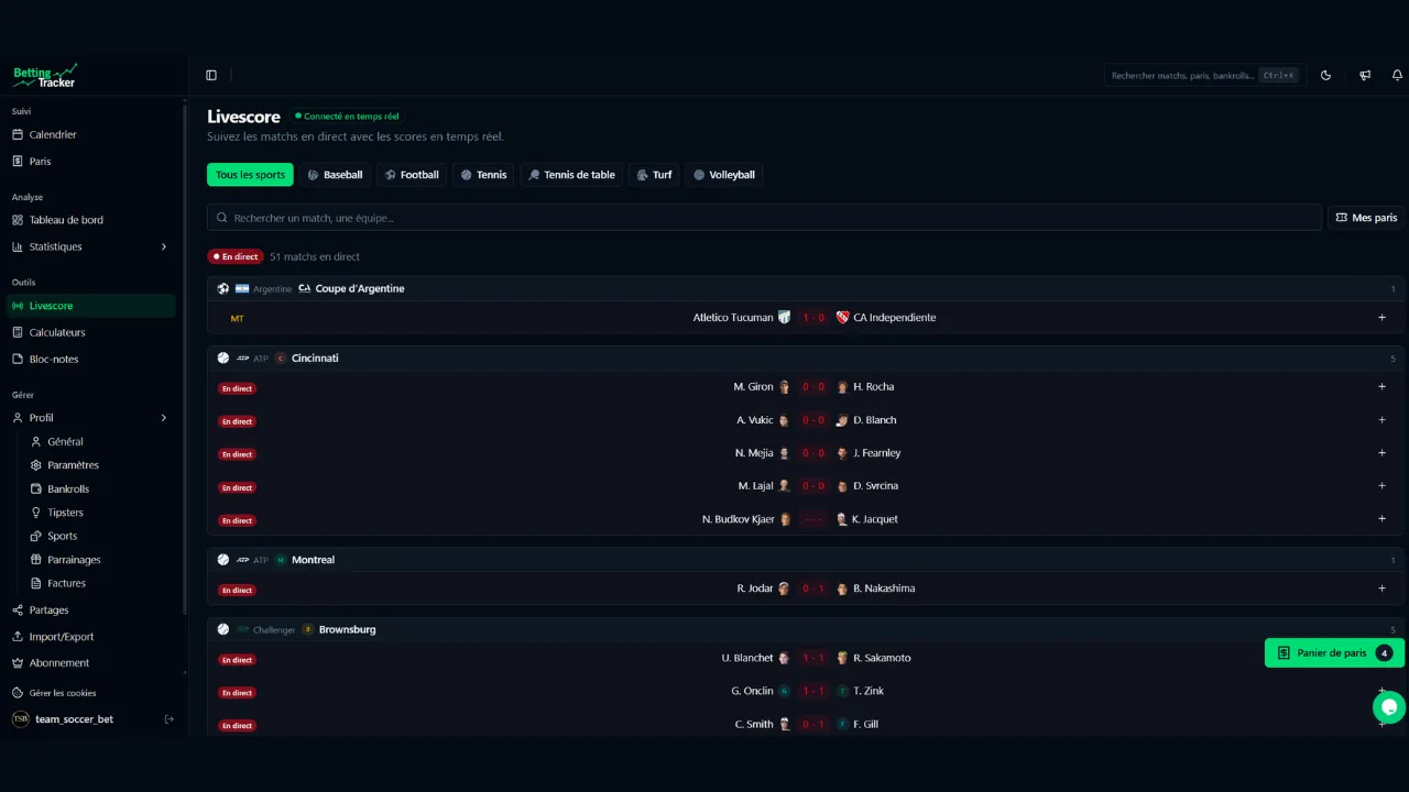 Aperçu de la partie Livescore de Betting Tracker