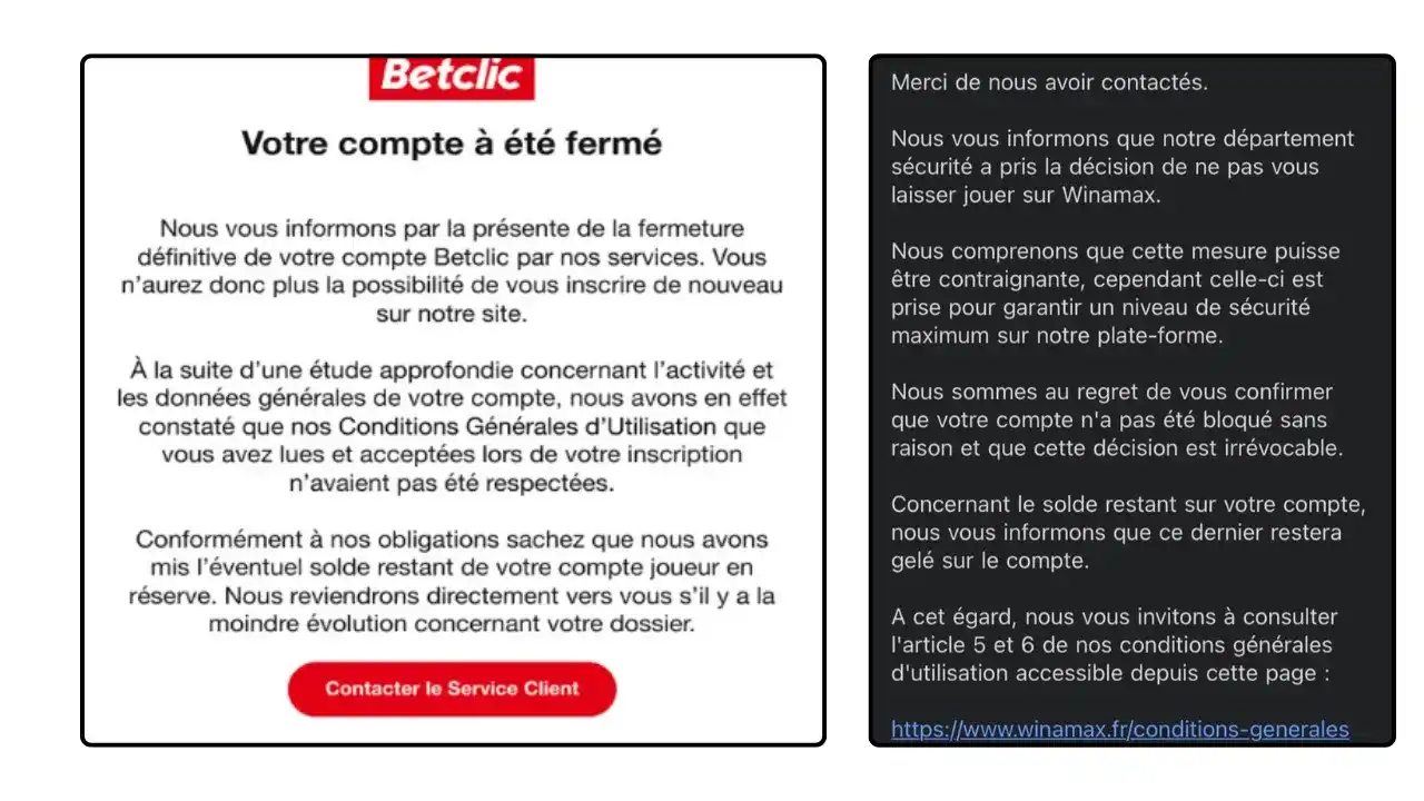 Notification de fermeture de compte Betclic et message de restriction Winamax