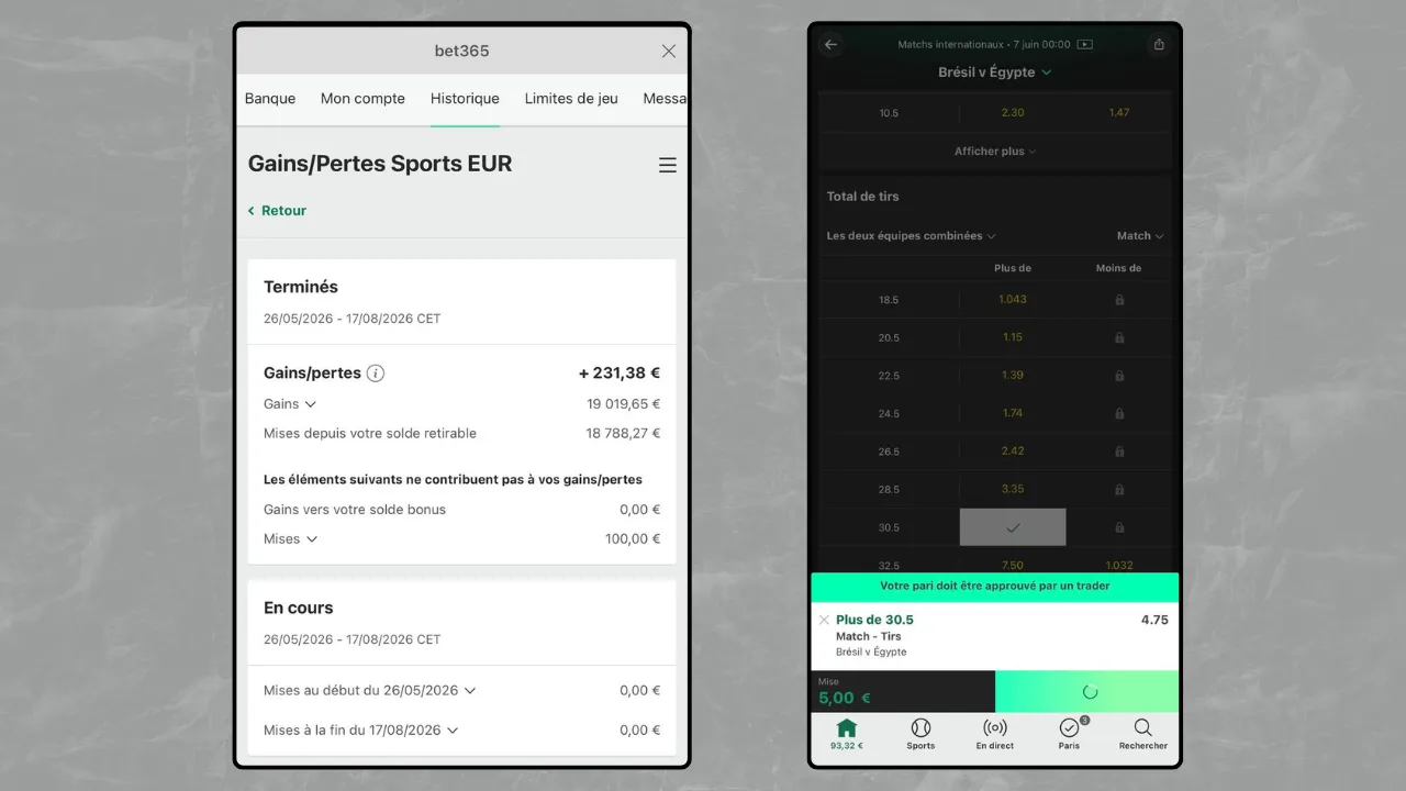 Historique de gains bet365 à +231,38 € et mise de 5 € bloquée en attente de validation par un trader