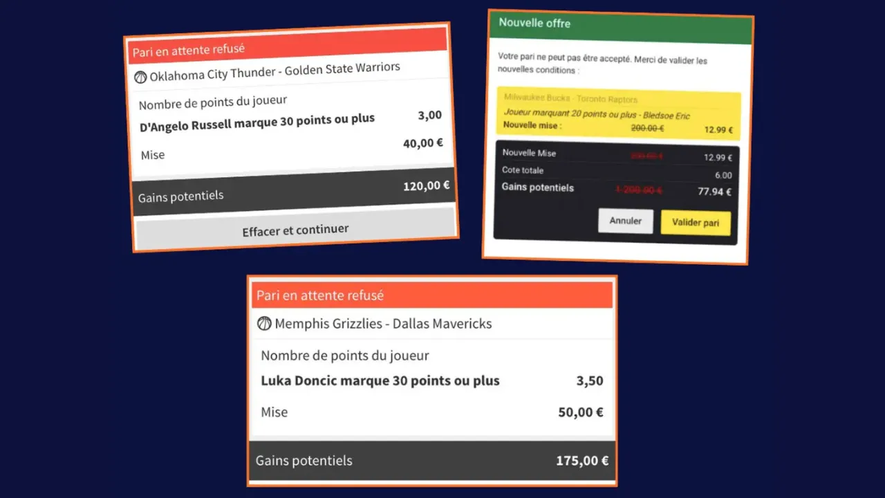 Paris NBA refusés et mise réduite de 200 € à 12,99 €, exemple concret de compte limité par un bookmaker