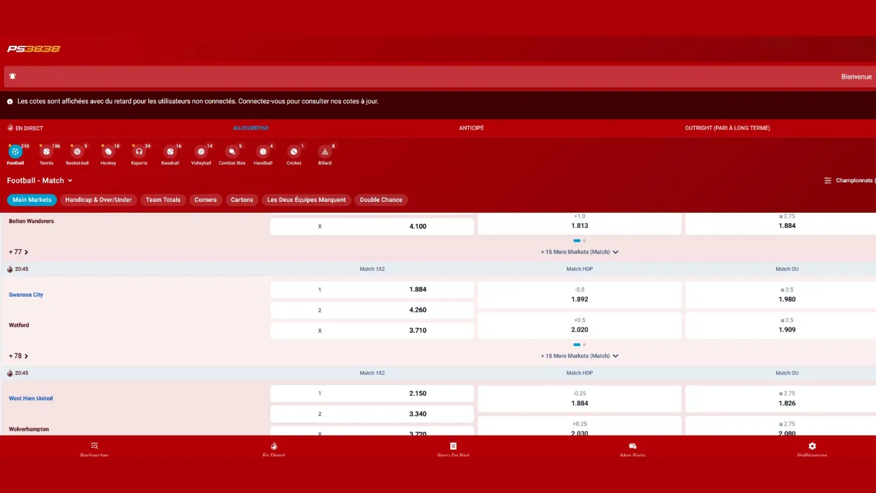 Aperçu de la page d'accueil du bookmaker PS3838