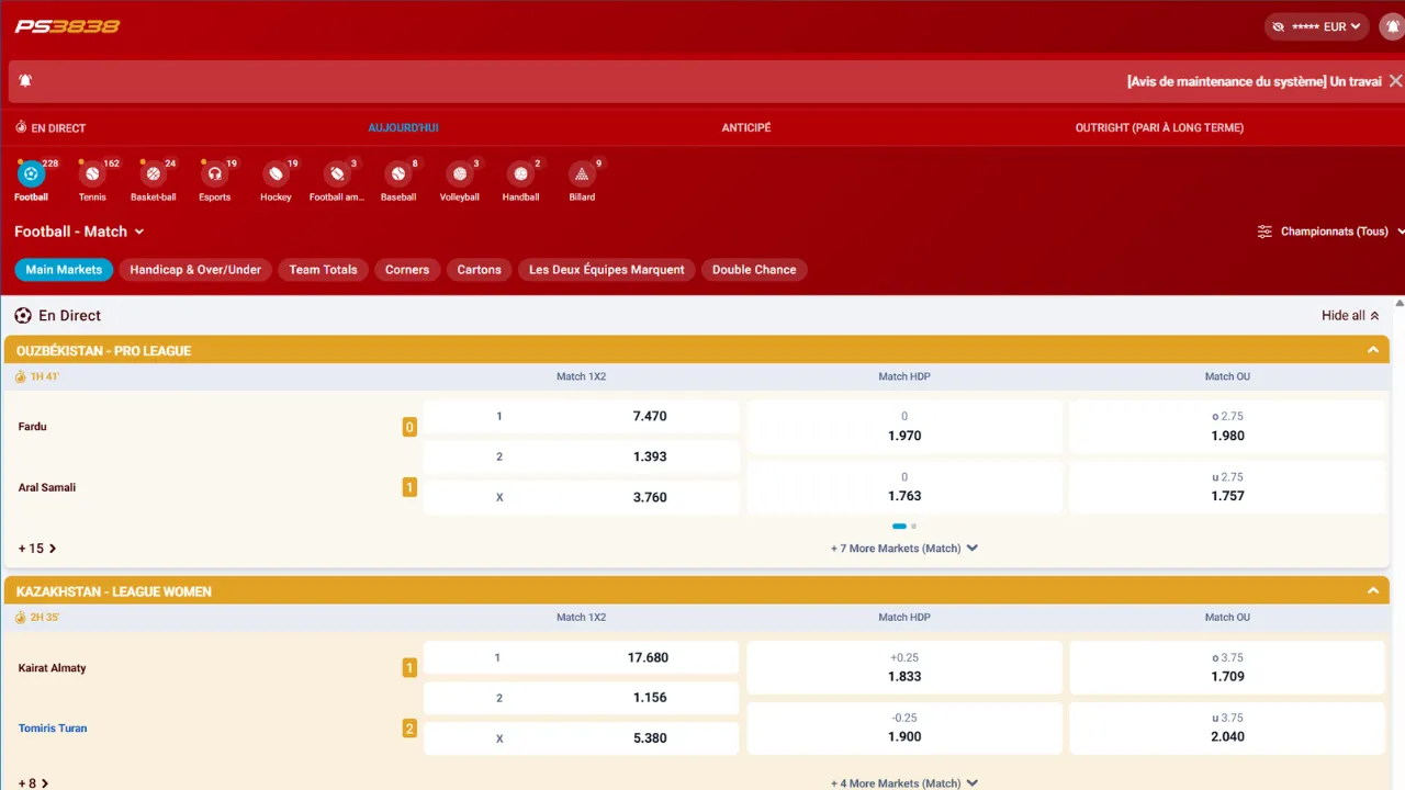 Aperçu de l'interface Desktop du bookmaker PS3838