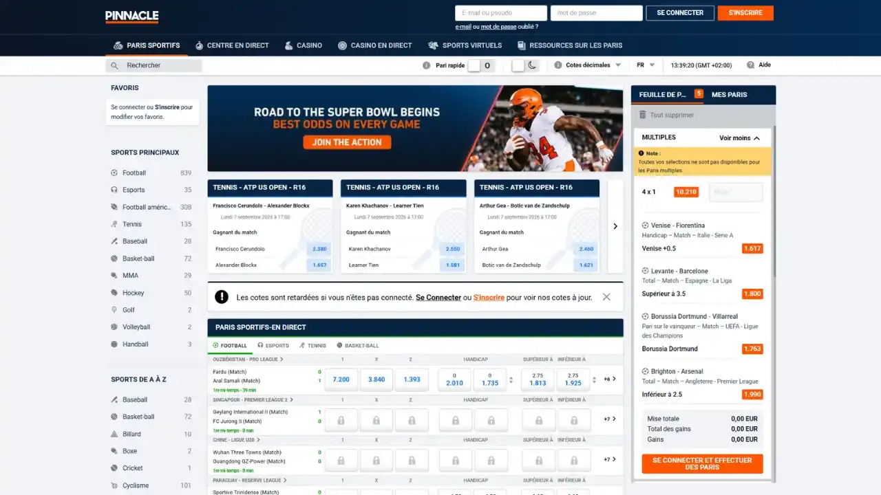 Aperçu de l'interface Desktop du bookmaker Pinnacle