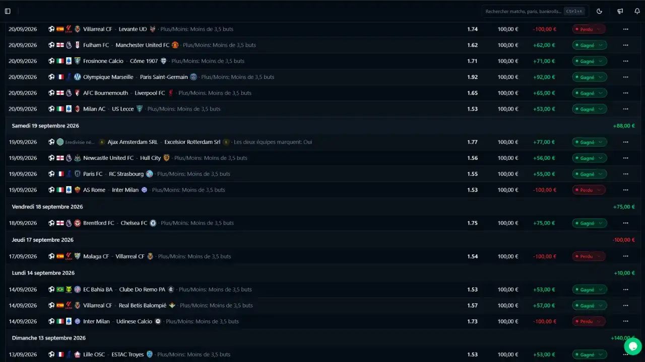 Historique de paris dans Betting Tracker avec sélections, cotes, mises et résultats.