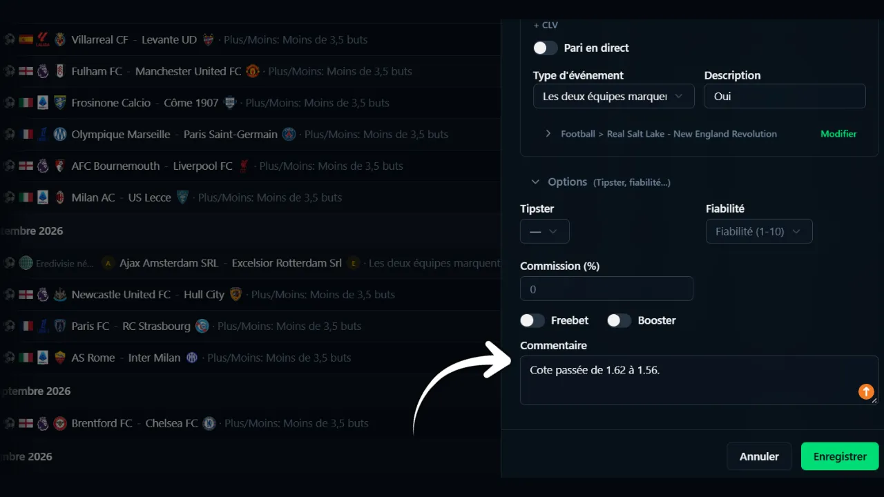 Champ commentaire dans Betting Tracker permettant de noter une baisse de cote après réception d’un pronostic.